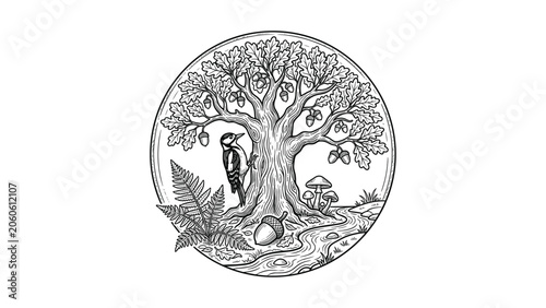 Detailed circular illustration of a woodland oak tree with a woodpecker and forest floor.