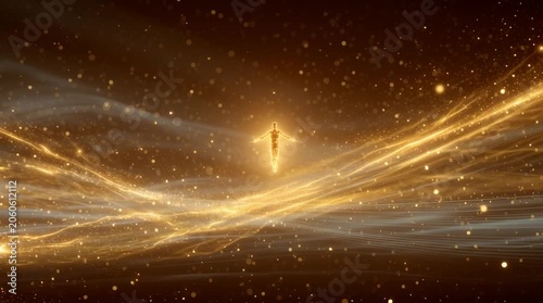 Golden human silhouette glowing with light particles in cosmic nebula