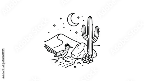 Minimalist Line Art Illustration of a Roadrunner Bird in the Desert at Night.
