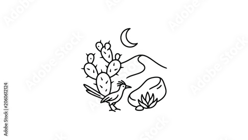 Minimalist hand drawn line art illustration of a roadrunner bird in the desert with cactus and moon.