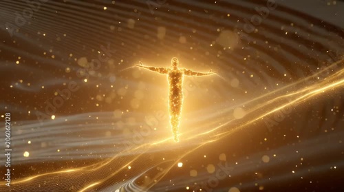 Golden Human Figure Ascending in Cosmic Nebula with Glowing Particles and Light Waves