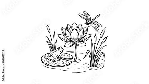 Line art illustration of a pond scene with a frog on a lily pad a lotus flower and a dragonfly.