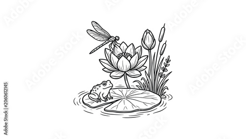 Hand drawn illustration of a cute frog sitting on a lily pad with a lotus flower and dragonfly.
