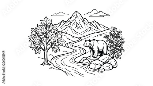 Black and white hand drawn illustration of a grizzly bear in a mountain landscape.