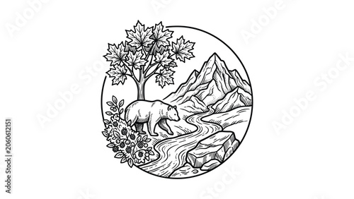 Hand drawn illustration of a bear walking by a river in a mountain landscape.