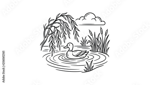 A line art illustration of a single duck swimming in a pond.