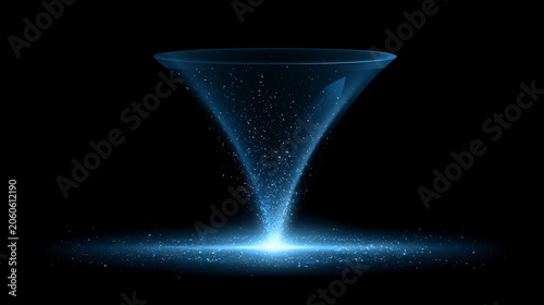 Abstract blue light funnel vortex with glowing particle dust against black background