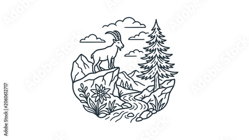 Schilderij op canvas Mountain goat standing on a cliff edge line art illustration.