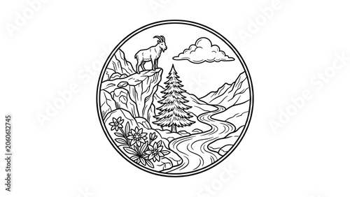 Fotografie Line art illustration of a mountain goat standing on a cliff.