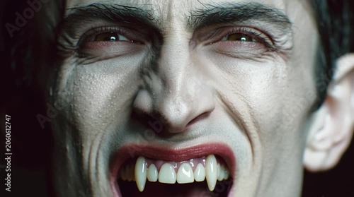 Close up of a man's face with intense eyes and sharp features, dark and moody lighting