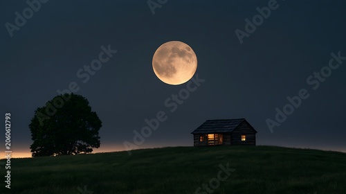 Full moon shining over a rustic wooden cabin on a grassy hill at night