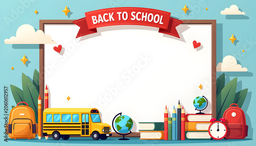 Back to school poster with cartoon school supplies and blank frame with red banner