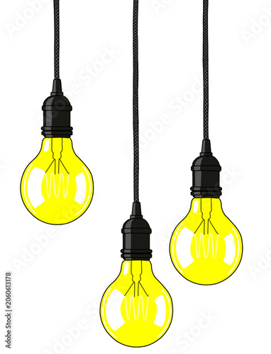 Three glowing yellow light bulbs hanging from black cords. Concept of creative thinking, brainstorming, and bright ideas