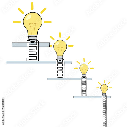 Light bulbs growing bigger on steps with ladders. Concept of progressive ideas, business growth, and steps to success
