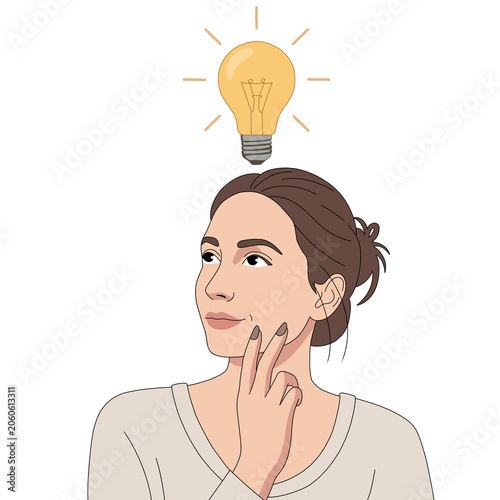 Young woman thinking with a glowing light bulb over her head. Concept of creative thinking, inspiration, and problem solving