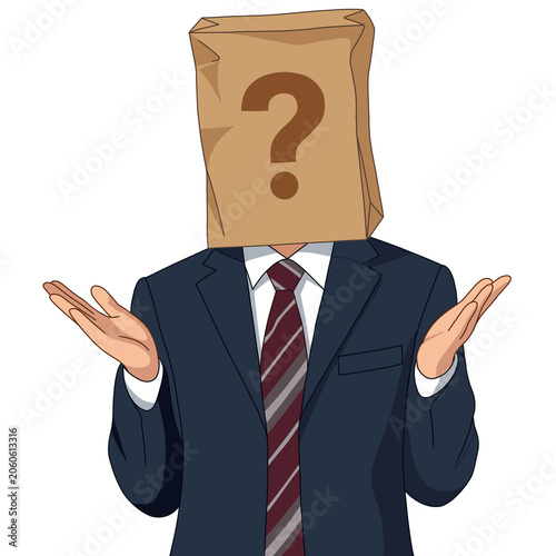 Anonymous businessman shrugging shoulders with paper bag over his head and a question mark. Unknown identity concept