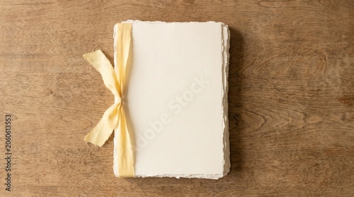 A blank card with a golden ribbon tied in a bow on a wooden background. This image is perfect for invitations, announcements, or greeting cards