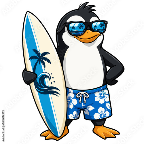 Cool Penguin Surfer Holding Surfboard 2D Vector Graphic Isolated on Transparent Background