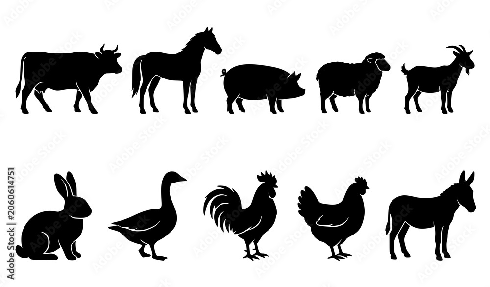 Fototapeta premium Agricultural Farm Animal Silhouettes Set for Rural and Livestock Design Projects
