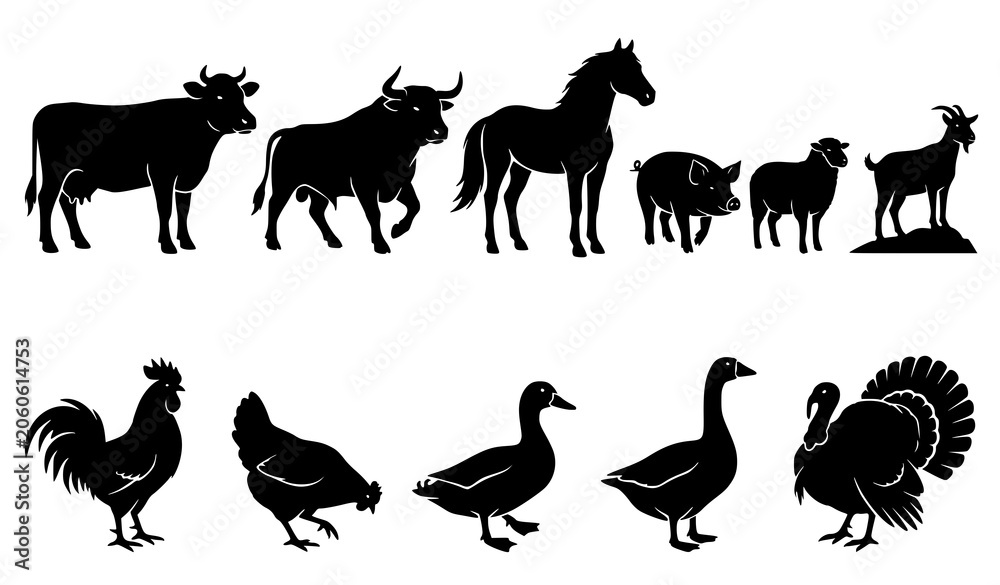 Fototapeta premium Farm Livestock and Poultry Animal Silhouettes Isolated Vector Collection