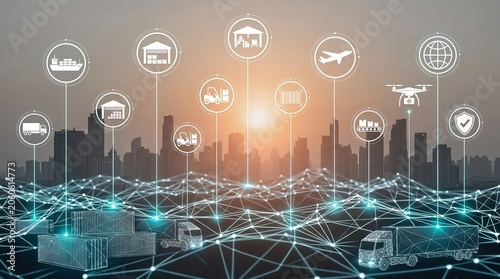 Logistics supply chain smart city global trade transportation network shipping with futuristic digital data mesh over city skyline at sunset illustrating smart distribution and connectivity.