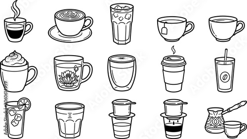 Quadro su tela Set of Various Coffee and Tea Drinks Hand Drawn Outline Icons.