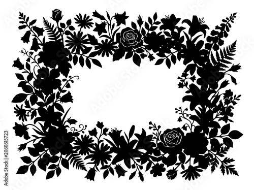 Floral silhouette border with black flowers and leaves frame