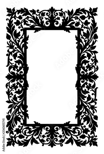 Ornate black floral frame silhouette isolated on white background