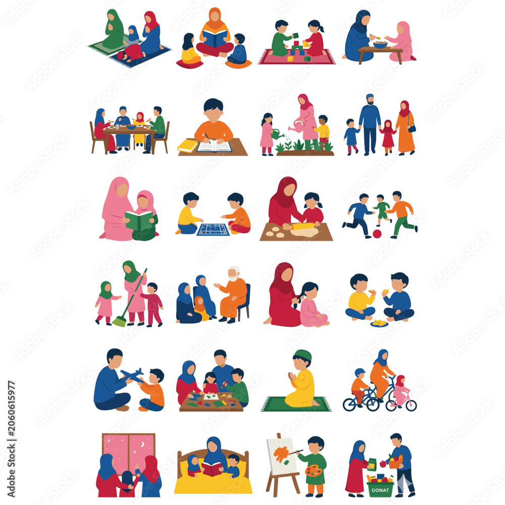 Fototapeta premium Muslim family religious and daily life activities mother father and children praying eating playing.
