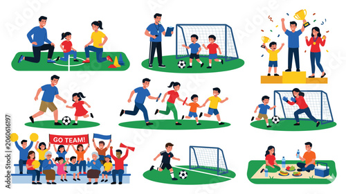 Quadro su tela Set of colorful vector illustrations showing children and parents doing sports activity