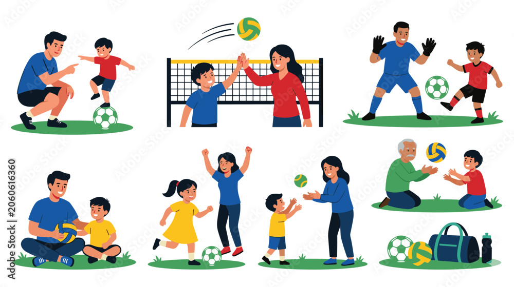 Fototapeta premium People playing volleyball and football, active lifestyle with happy children and senior man.
