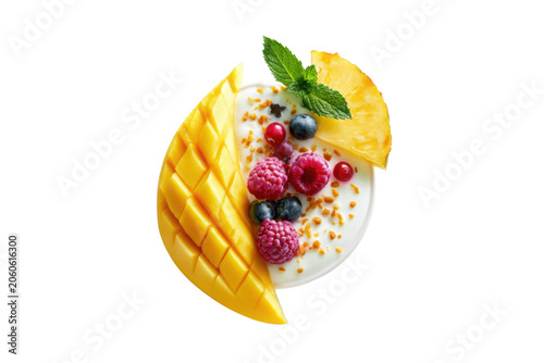 Fresh mango yogurt bowl topped with berries, pineapple and mint presented as a healthy tropical breakfast isolated on a transparent PNG background.