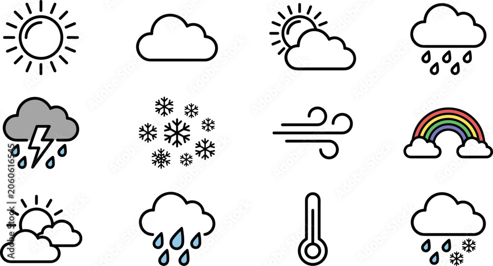 Naklejka premium Set of minimalist weather forecast icons.