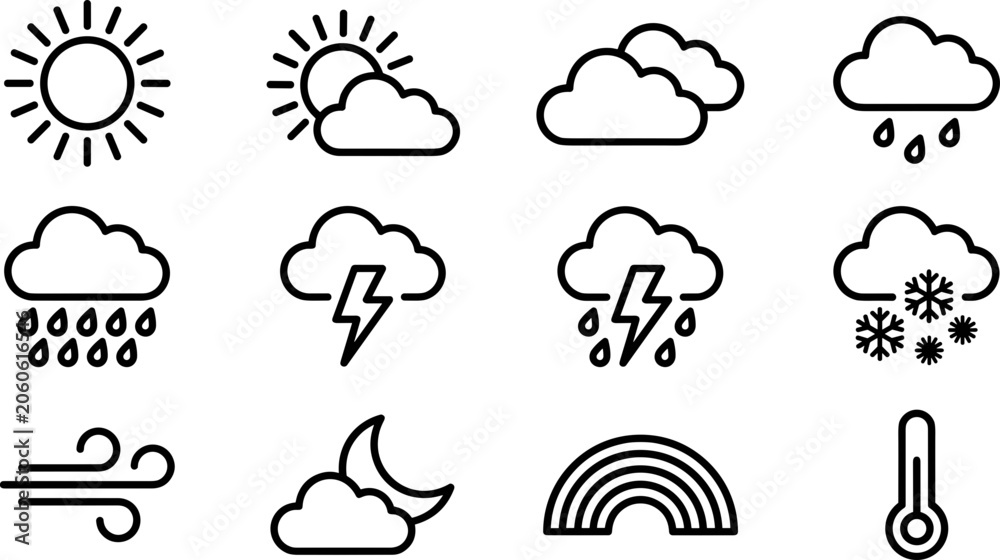 Naklejka premium Set of black and white weather forecast icons.