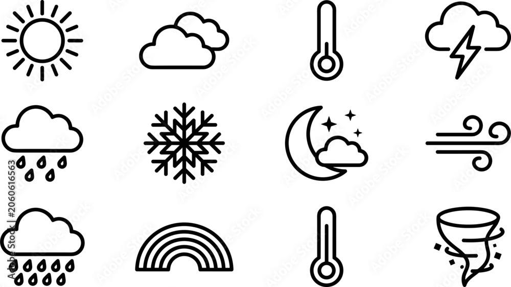 Naklejka premium Set of minimalist line art weather forecast icons.