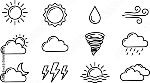 Tableau sur toile Set of twelve hand drawn weather icons representing various meteorological conditions