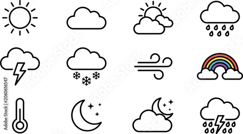 Slika na platnu Set of simple outline weather icons including sun clouds rain and storm