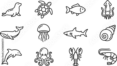 Photography Collection of hand drawn sea animals and ocean creatures icons.