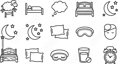 Schilderij op canvas Set of sleep and rest related thin line icons.