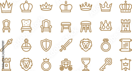 Konstfotografi Elegant gold line art vector icons representing royal symbols like crowns, thron