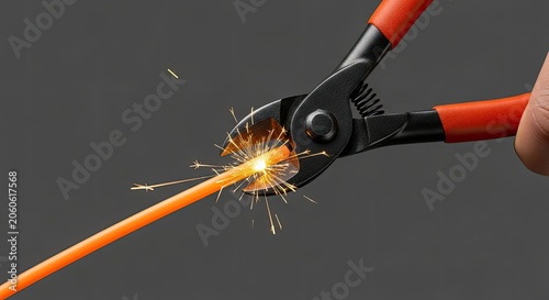 Pliers cutting a glowing orange cable with sparks.