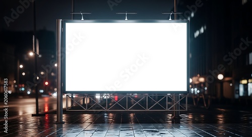 Blank billboard at night city street.