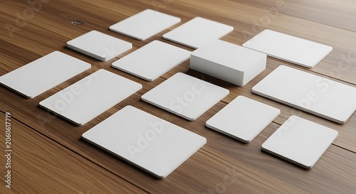 blank white cards on wood table.