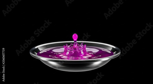 Vibrant purple liquid splashing in metal silver bowl.