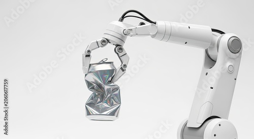White robotic arm crushing a metal soda can.
