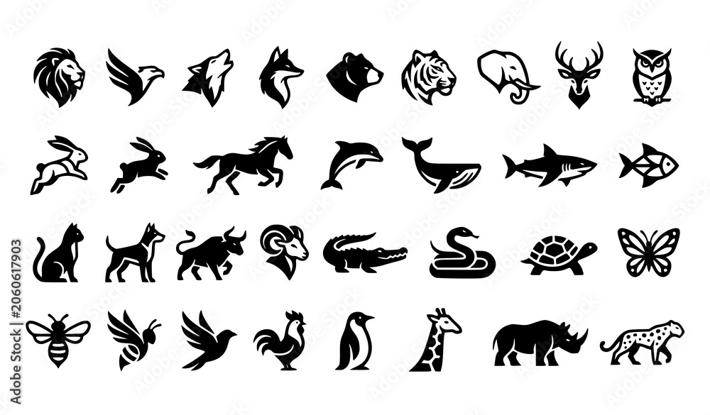 Obraz premium Animal Logo Collection Minimal Vector Emblem Set Isolated on White
