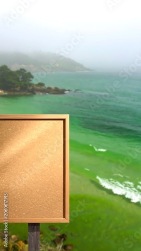 Blank wooden signpost overlooking a misty green ocean coastline.