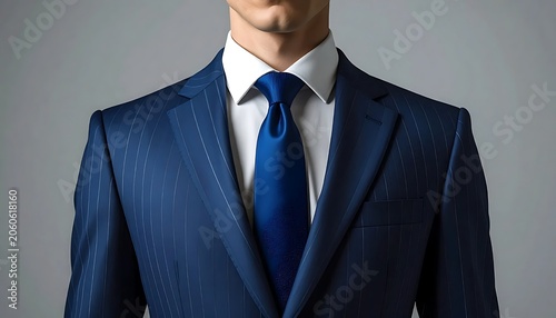 Close up of businessman in elegant blue suit and tie standing against grey background.