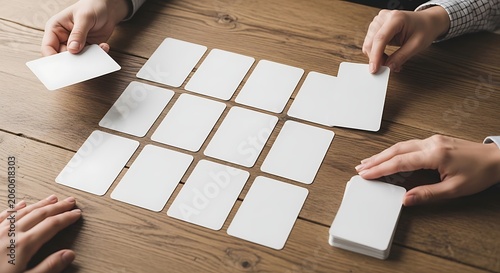 Hands arranging blank cards on a wooden table for a game.