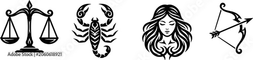 Photos Set of four hand drawn zodiac sign icons in black and white style